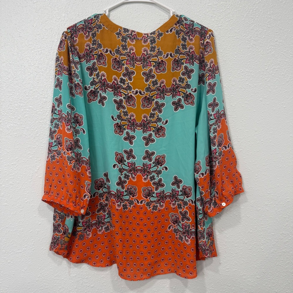 Rose + Olive Womens 2X Teal Orange Paisley Floral Boho Pintuck Blouse Top - Picture 7 of 8